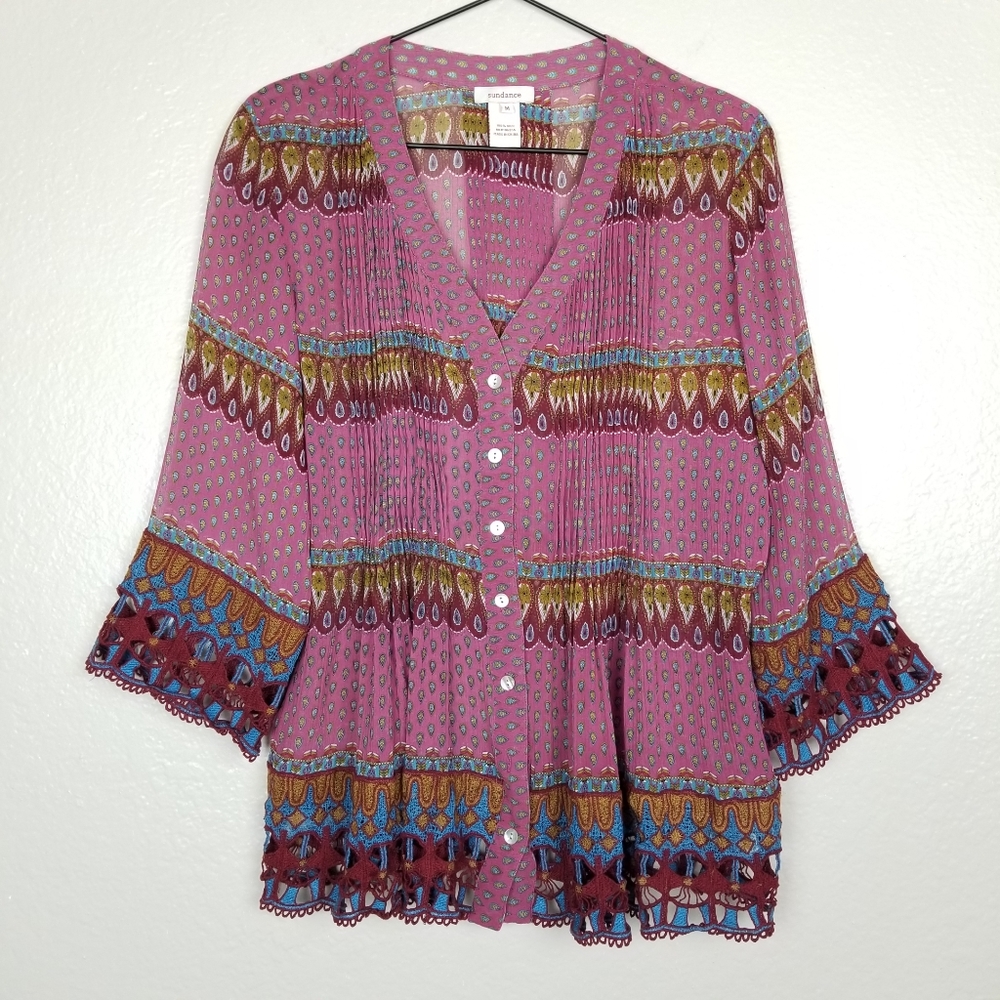 Sundance Silk & Lace Patterned Top Button-Up M - image 1